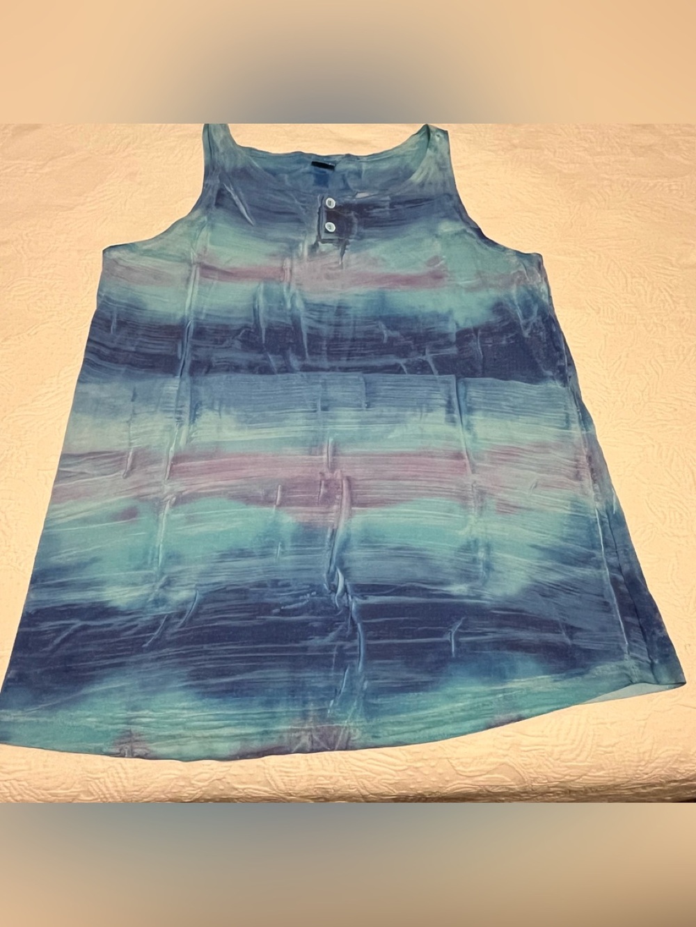 Women's Blue Tie-Dye Swim Coverup Tank with Henley Neck